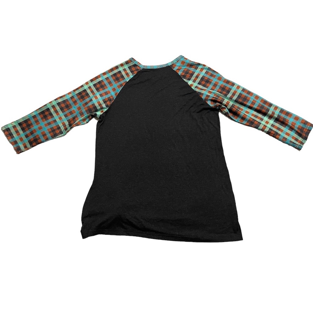 CRAZY TRAIN Black Multicolor Plaid 3/4 Sleeve Stretch Top Shirt Size M - Picture 4 of 5